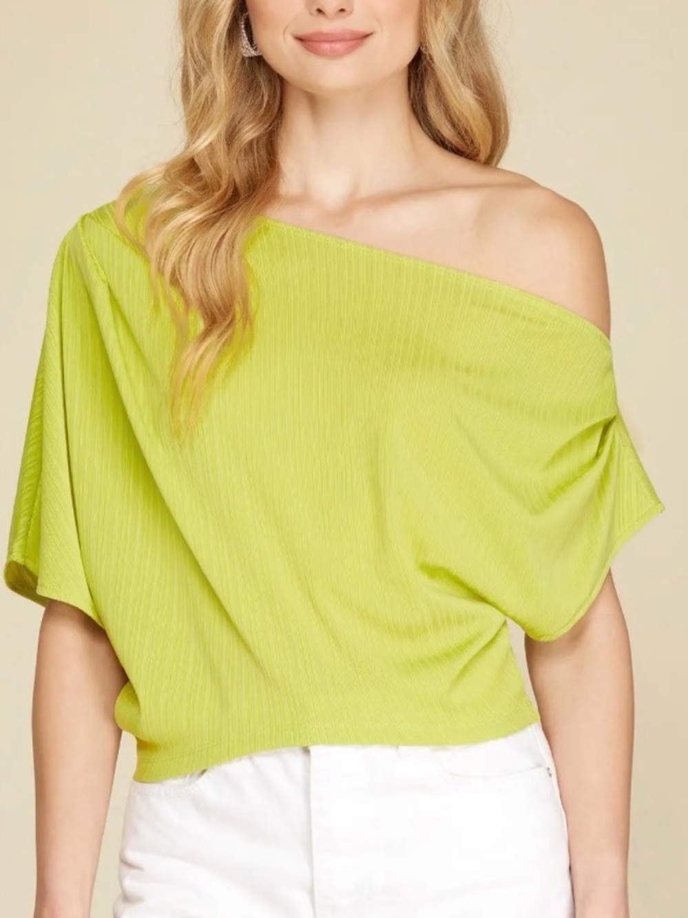 She + Sky Kiwi Off-Shoulder Ribbed Crop Top